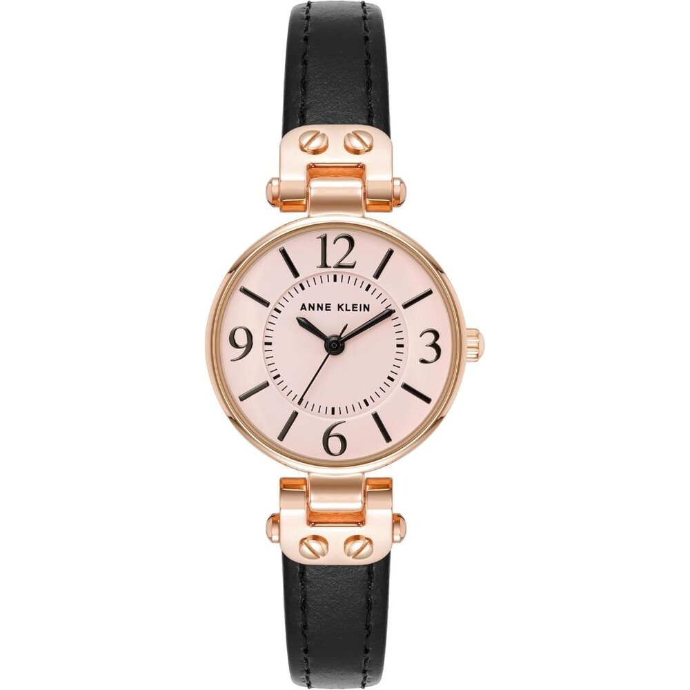 Women's Black/Rose Gold Domed Mineral Crystal Lens Leather Strap Closure Watch